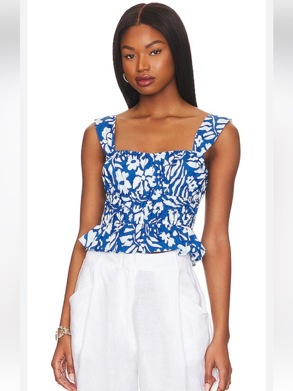Faithfull the Brand Blue Floral Smocked Square-Neck Top